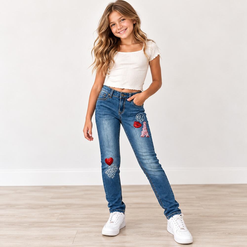 V Gold by Vigoss Girls Embellished Skinny Jeans Sequin Hearts Paris Size 10